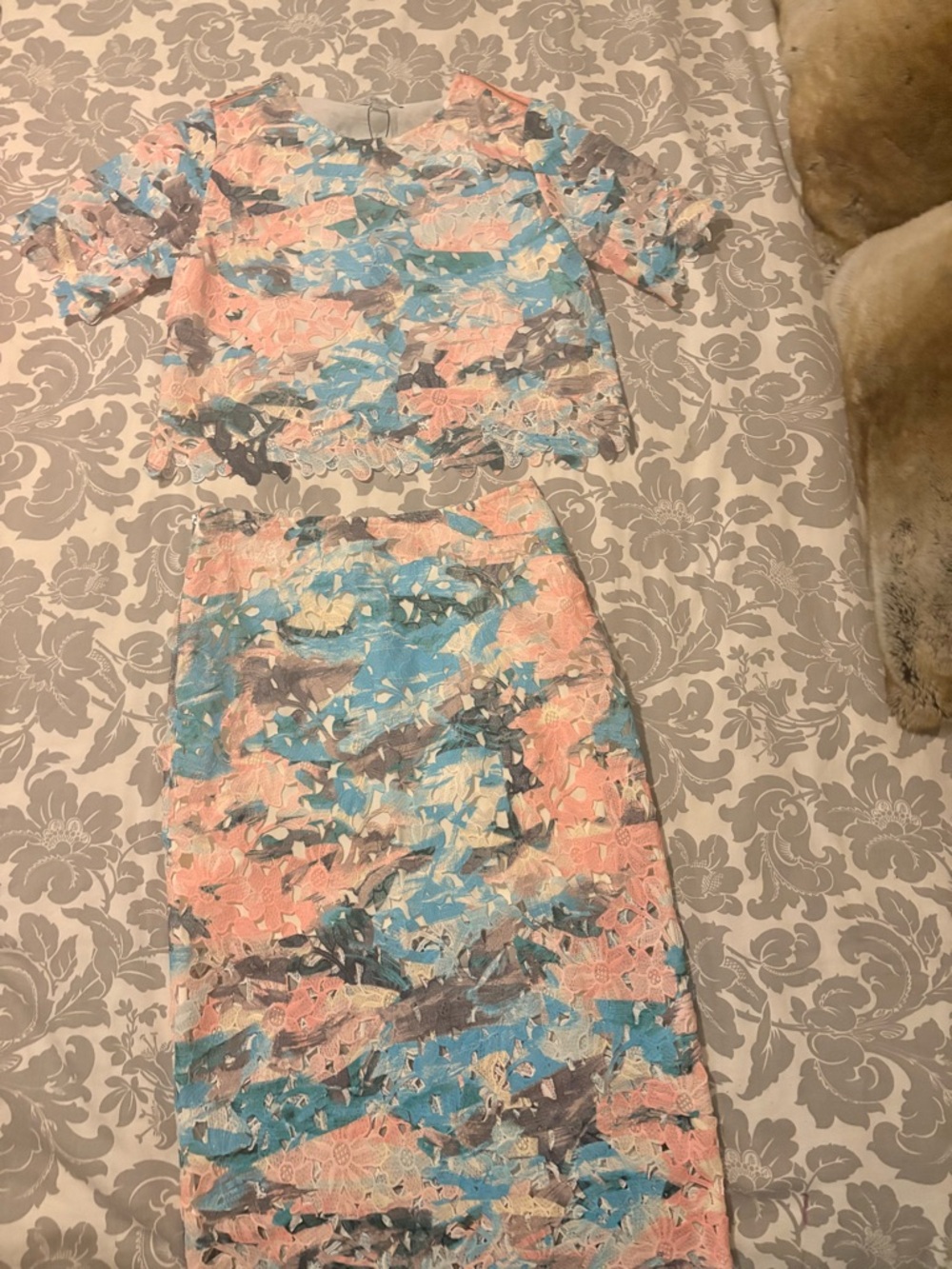 Addison Two-Piece Lace Crop Top & Skirt Set in Pastel Blue, Pink & Gray